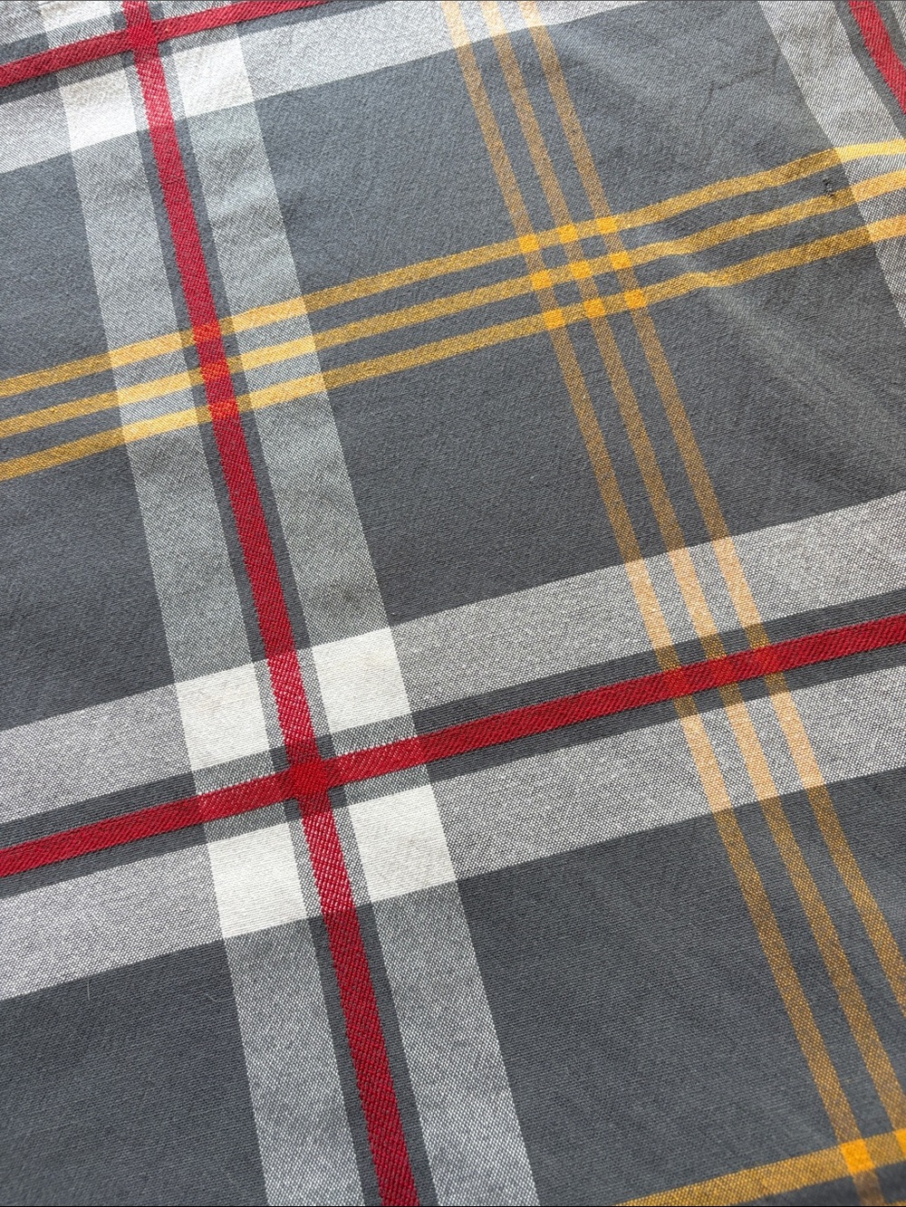 Better Homes And Gardens Gray Plaid Tablecloth with Red and Mustard Stripes